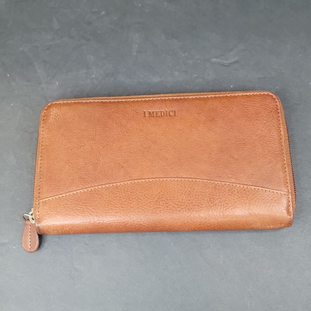 I Medici Firenze Leather Zip Around Wallet RFID Women Italy Accordion Clutch Brn